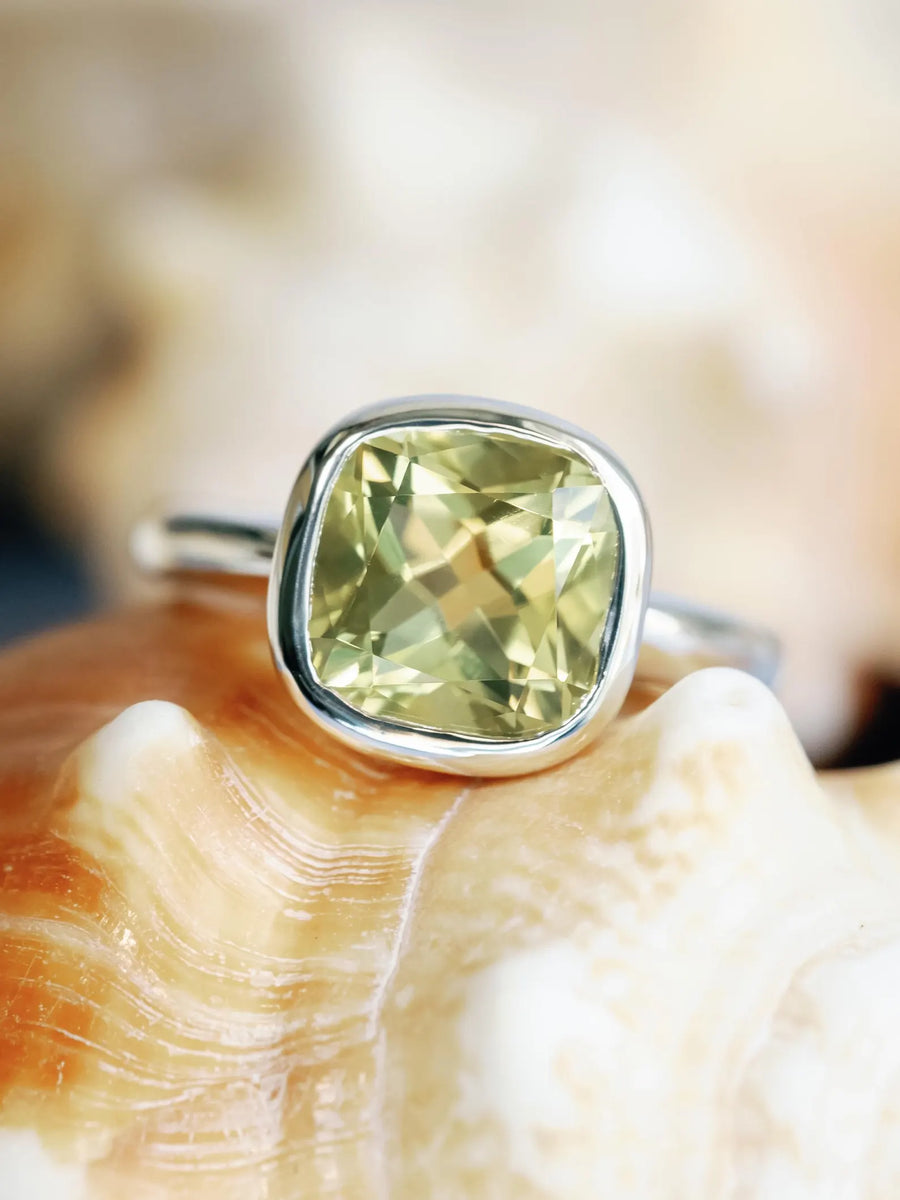 14k Natural Lemon Citrine Cushion Cut Bezel Statement Ring