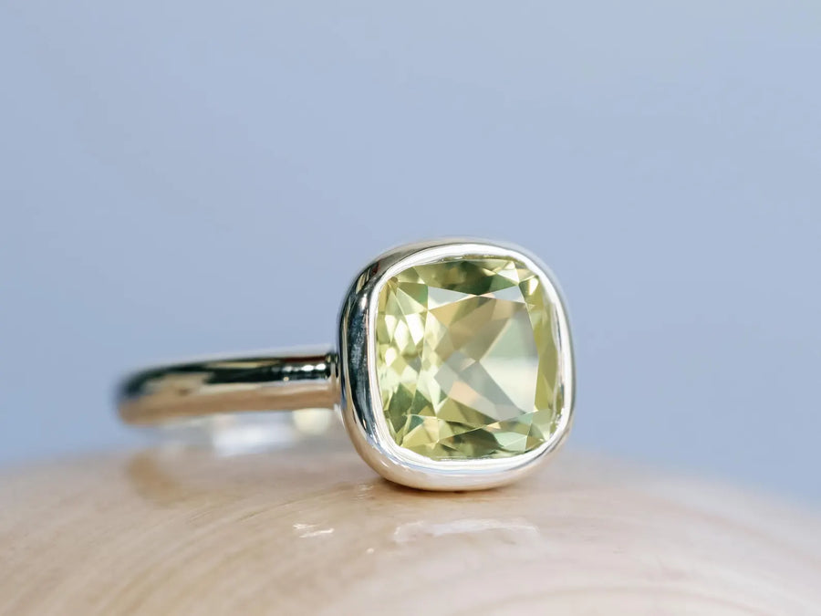 14k Natural Lemon Citrine Cushion Cut Bezel Statement Ring