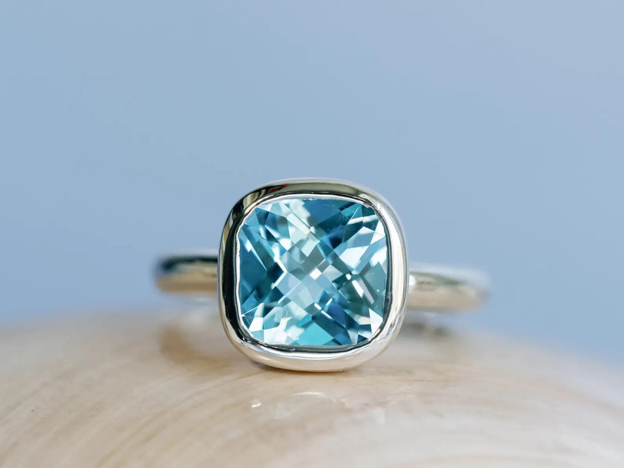 14k Cushion Cut Blue Topaz Bezel Setting Statement Ring