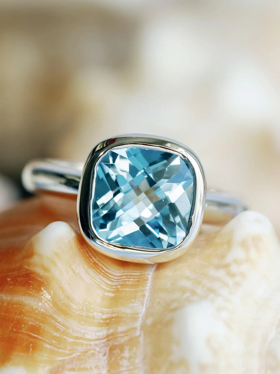 14k Cushion Cut Blue Topaz Bezel Setting Statement Ring