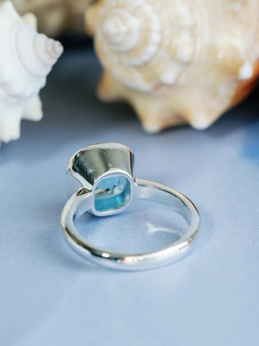 14k Cushion Cut Blue Topaz Bezel Setting Statement Ring