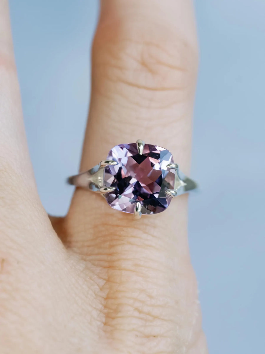 14k Rose De France Lavender Amethyst Cushion Cut Prasiolite Compass Prong Statement Ring