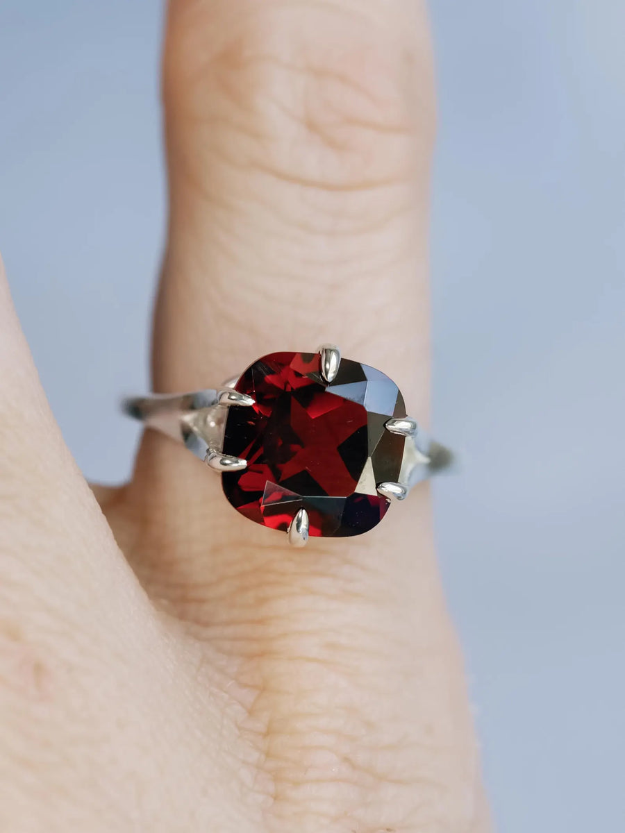 14k Cushion Cut Natural Mozambique Large Garnet Compass Prong Statement Ring
