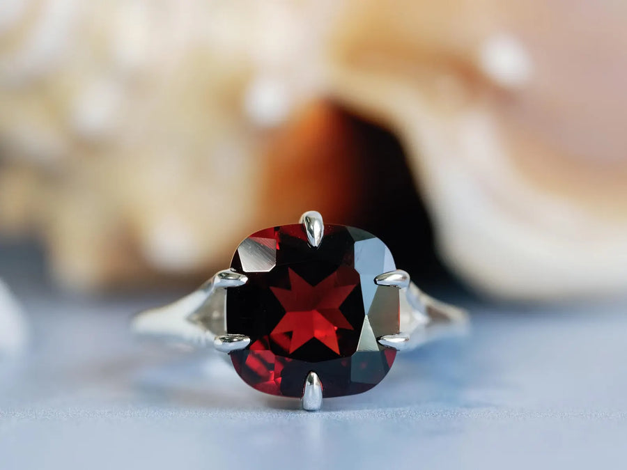 14k Cushion Cut Natural Mozambique Large Garnet Compass Prong Statement Ring