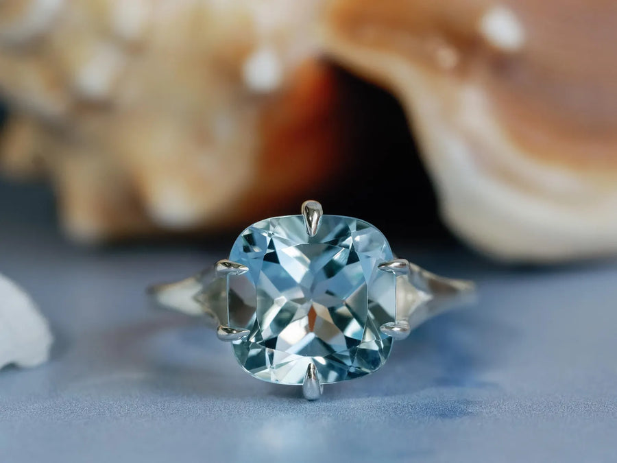 14k Cushion Cut Natural Large Blue Topaz Compass Prong Statement Ring
