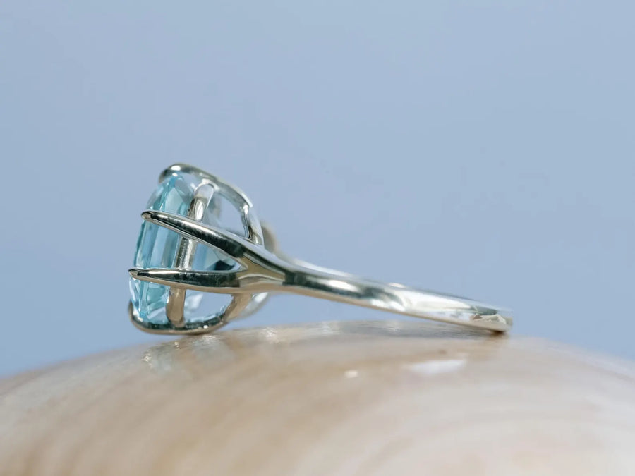 14k Cushion Cut Natural Large Blue Topaz Compass Prong Statement Ring