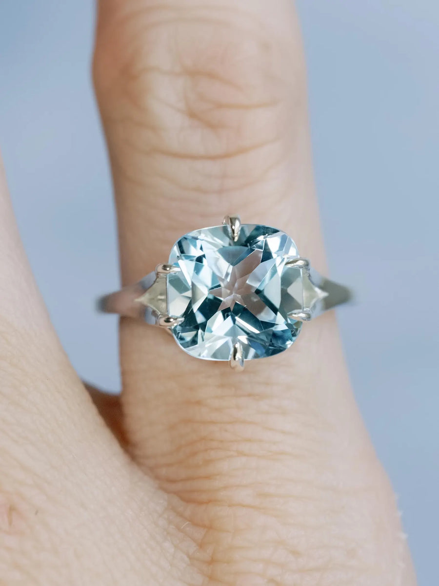14k Cushion Cut Natural Large Blue Topaz Compass Prong Statement Ring