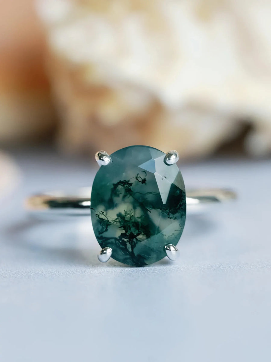 Natural Oval Moss Agate Solitaire Ring
