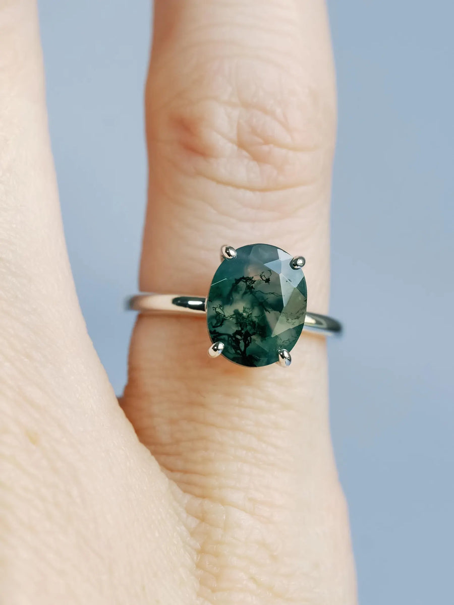 Natural Oval Moss Agate Solitaire Ring