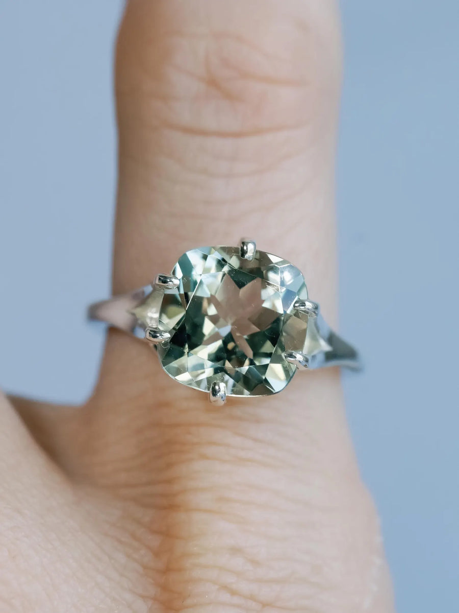 14k Prasiolite Green Amethyst Cushion Cut Solitaire Compass Prong Ring