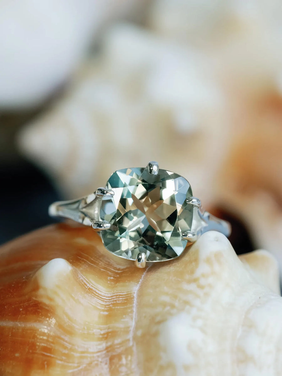14k Prasiolite Green Amethyst Cushion Cut Solitaire Compass Prong Ring