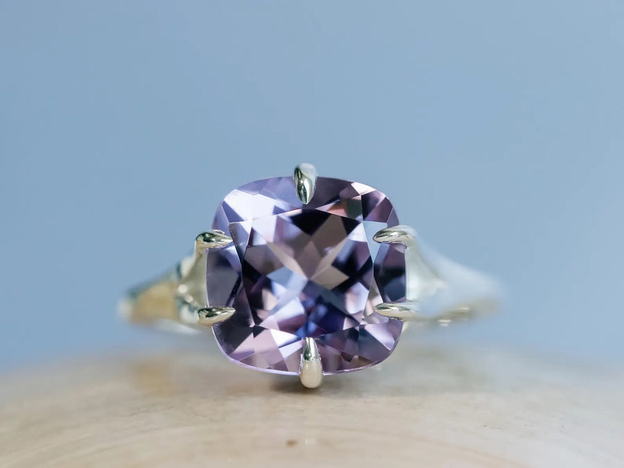 14k Rose De France Lavender Amethyst Cushion Cut Prasiolite Compass Prong Statement Ring