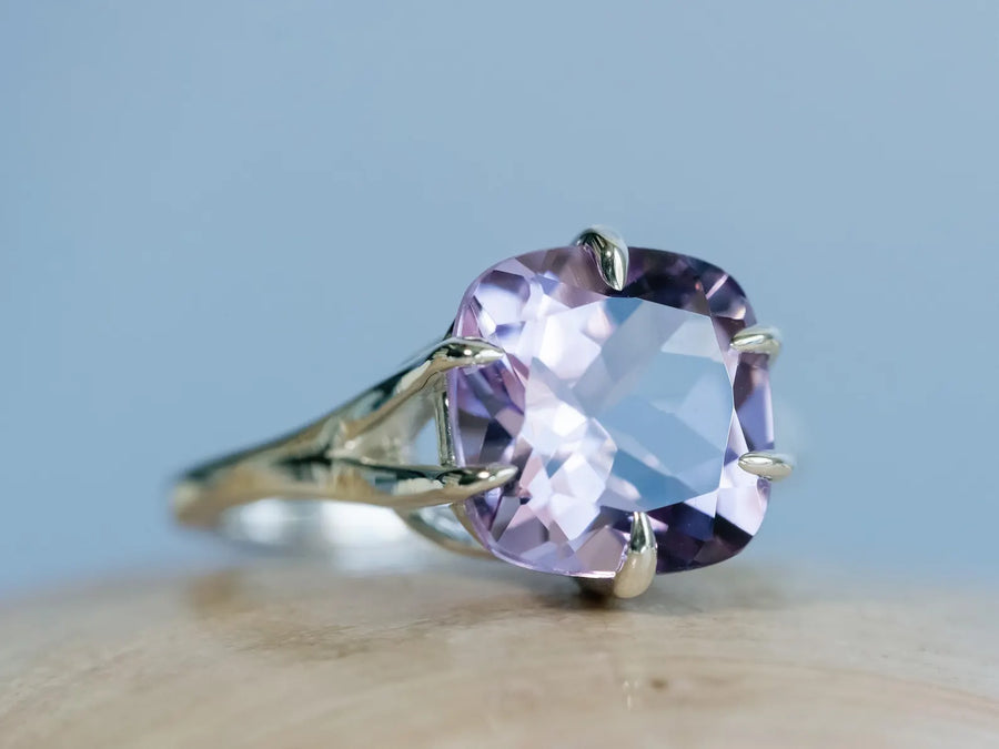 14k Rose De France Lavender Amethyst Cushion Cut Prasiolite Compass Prong Statement Ring