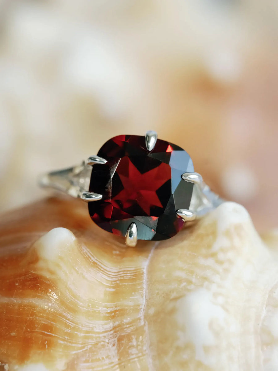 14k Cushion Cut Natural Mozambique Large Garnet Compass Prong Statement Ring