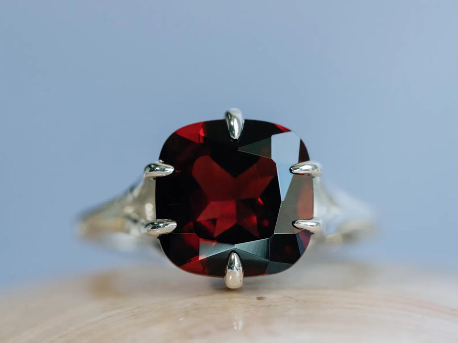 14k Cushion Cut Natural Mozambique Large Garnet Compass Prong Statement Ring