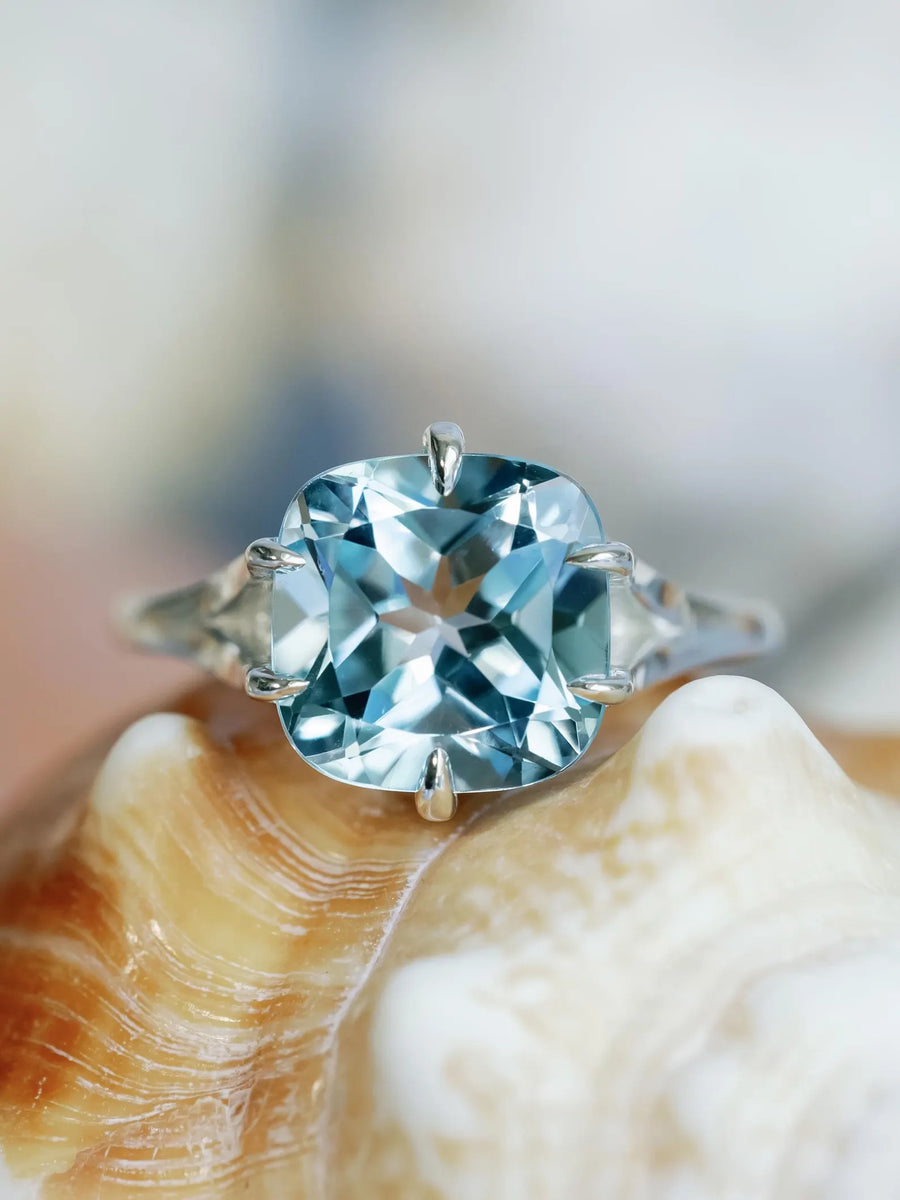 14k Cushion Cut Natural Large Blue Topaz Compass Prong Statement Ring