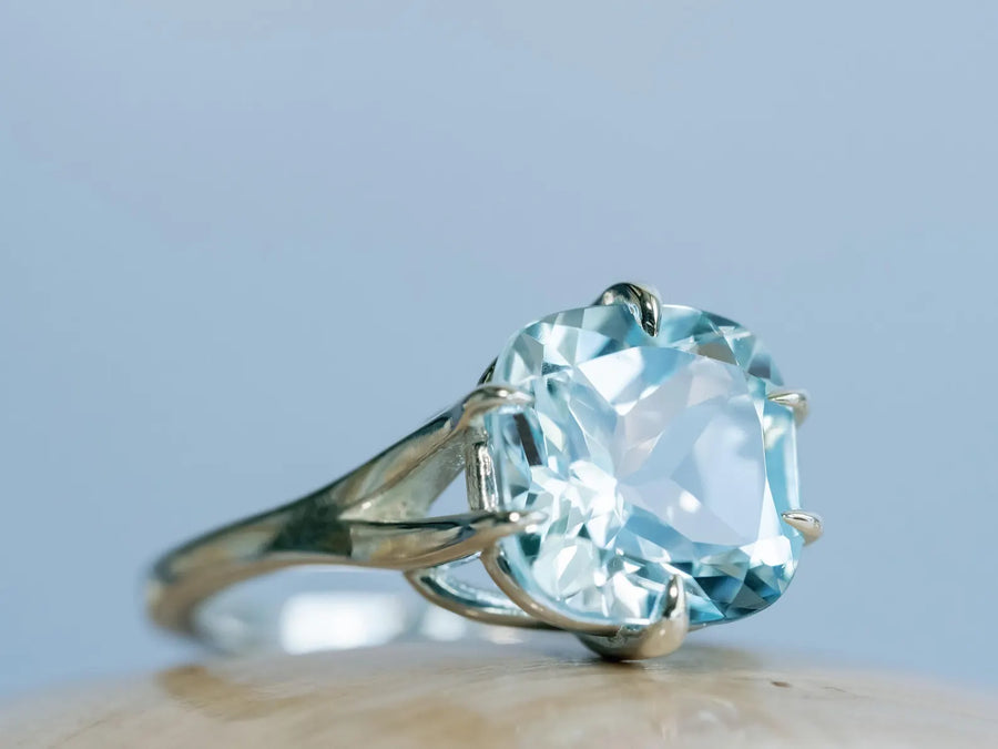 14k Cushion Cut Natural Large Blue Topaz Compass Prong Statement Ring