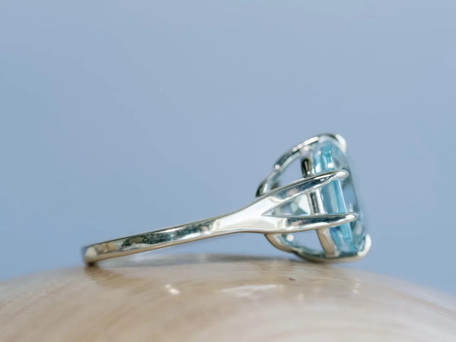 14k Cushion Cut Natural Large Blue Topaz Compass Prong Statement Ring