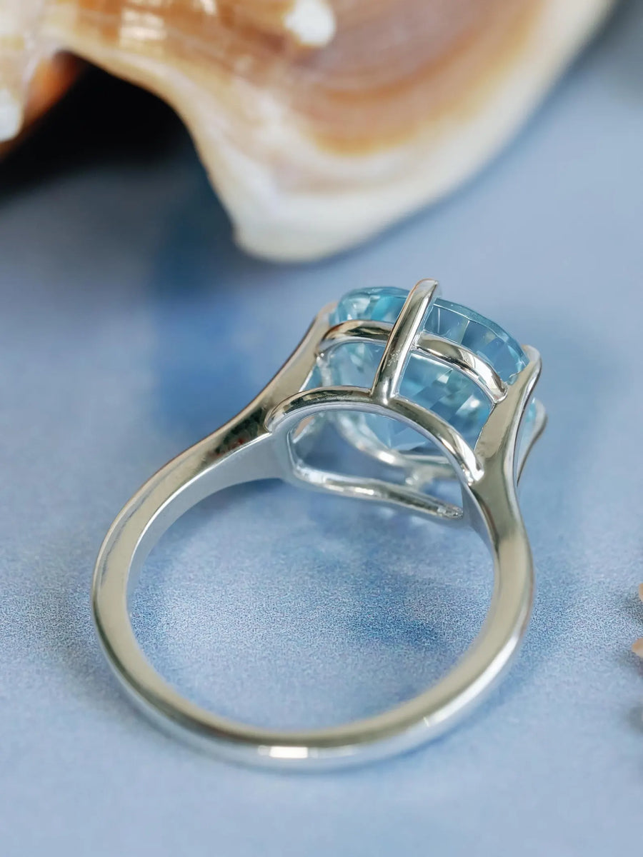 14k Cushion Cut Natural Large Blue Topaz Compass Prong Statement Ring