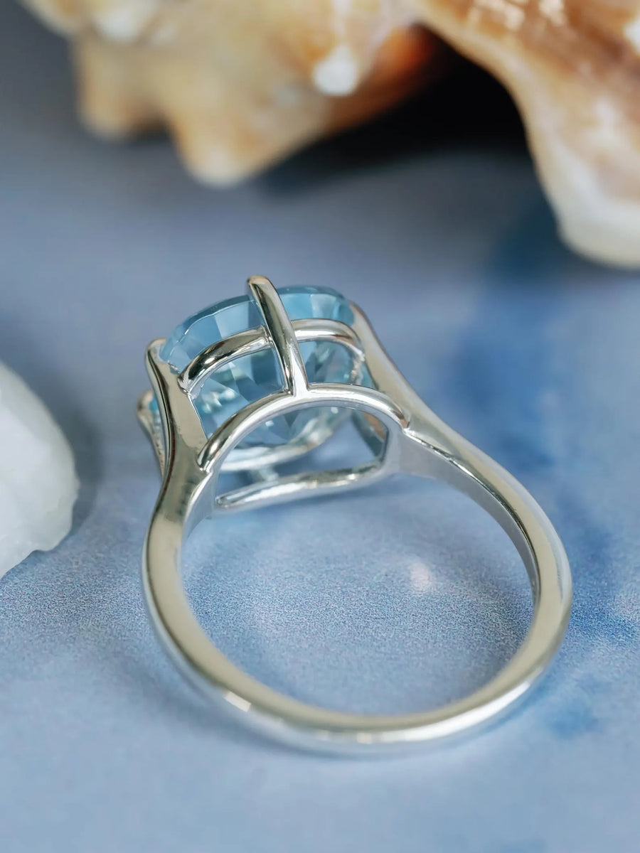 14k Cushion Cut Natural Large Blue Topaz Compass Prong Statement Ring
