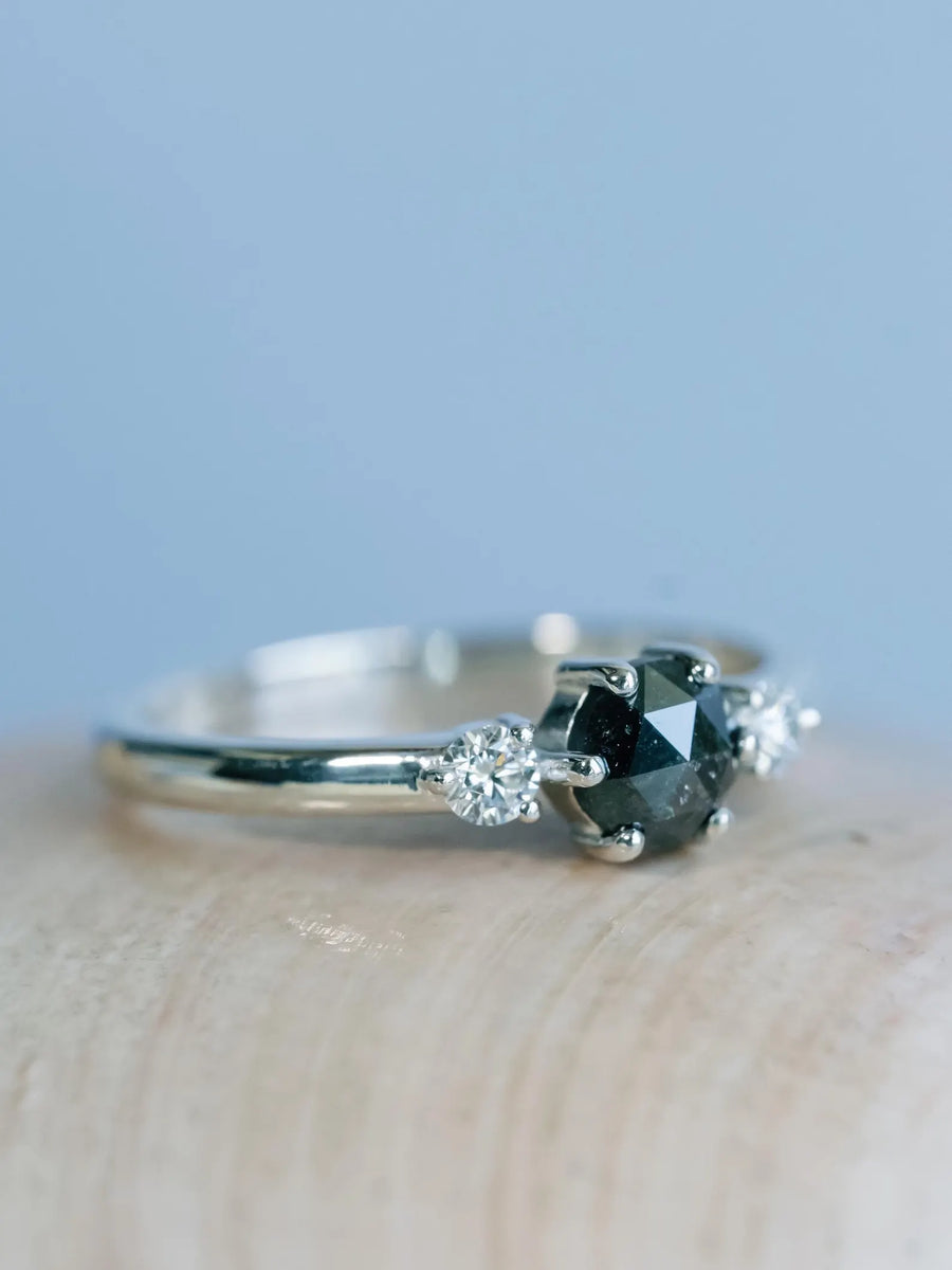 14k Salt and Pepper Rose Cut Gray Three Stone Diamond Minimalist Engagement Ring
