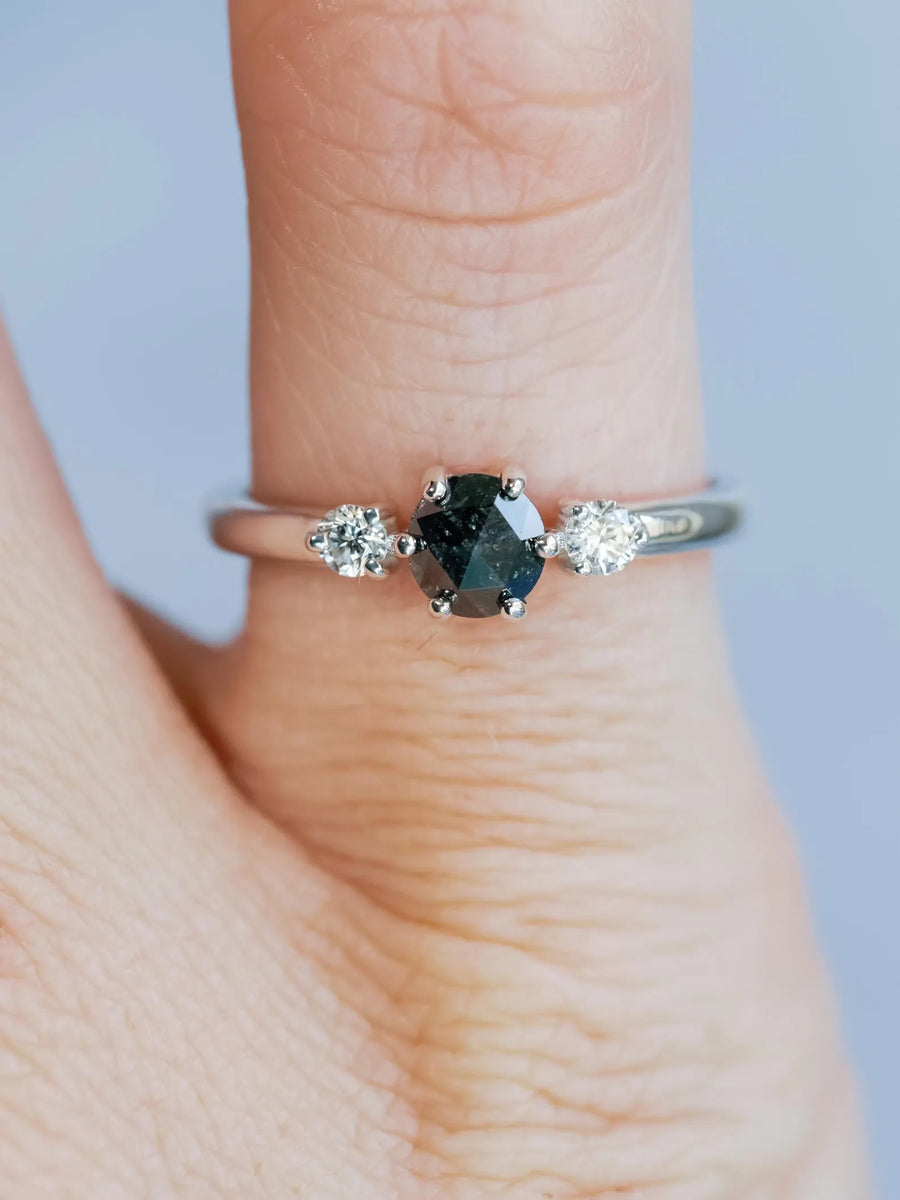 14k Salt and Pepper Rose Cut Gray Three Stone Diamond Minimalist Engagement Ring