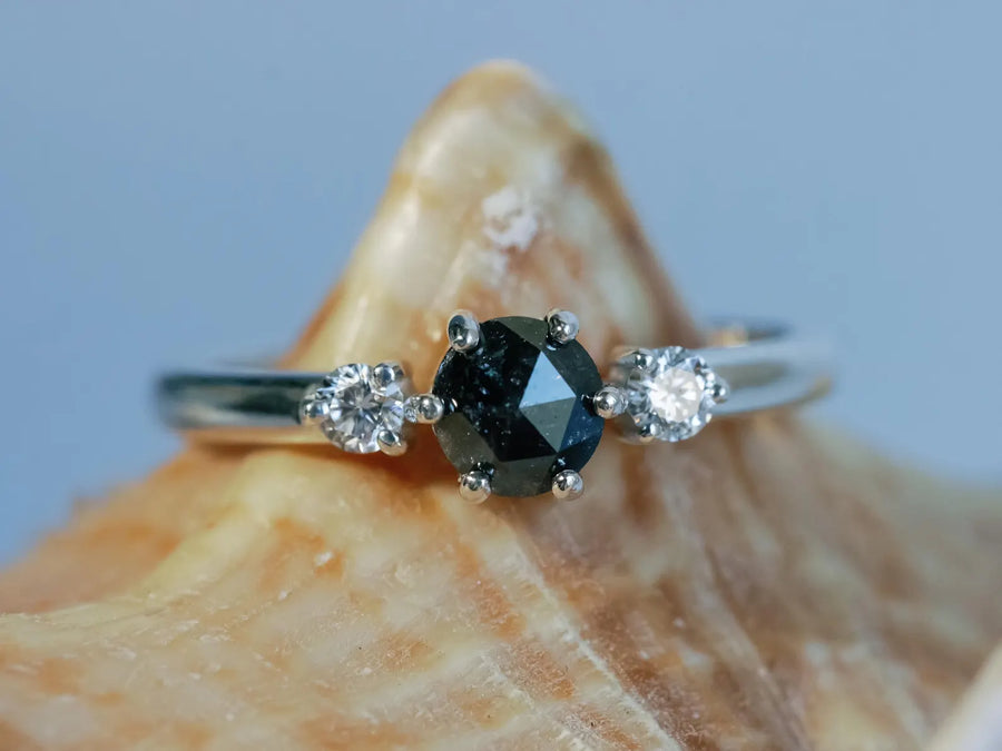 14k Salt and Pepper Rose Cut Gray Three Stone Diamond Minimalist Engagement Ring
