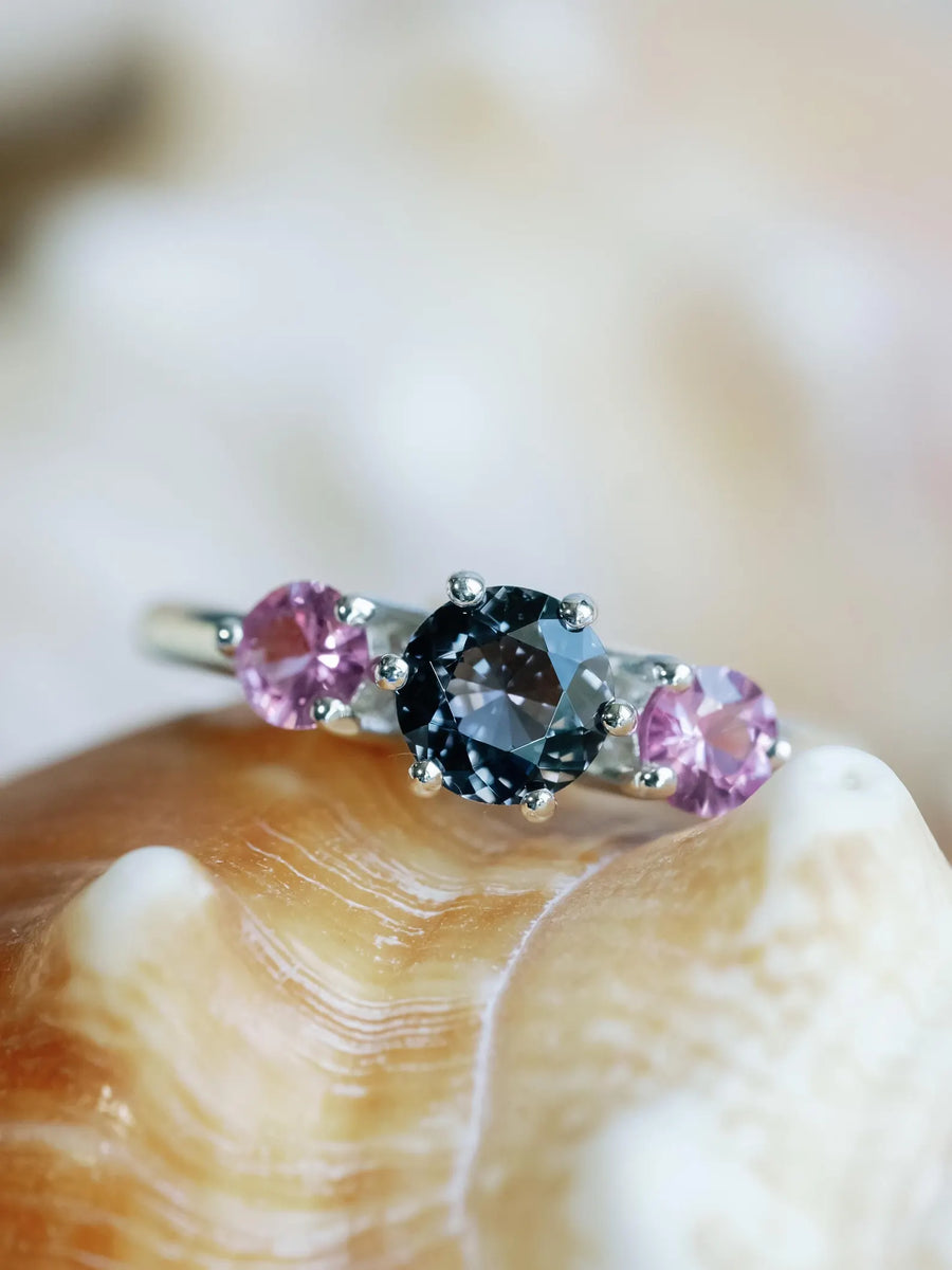 14k Natural Gray Spinel Spinel and Natural Pink Sapphire Three Stone Unique Engagement Ring (Copy)