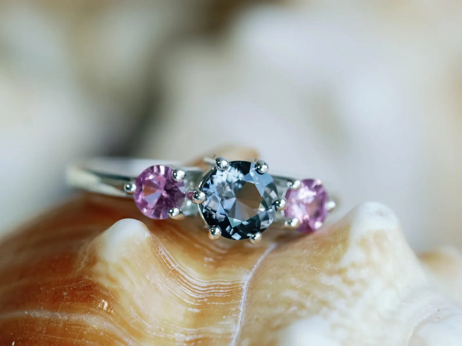 14k Natural Gray Spinel Spinel and Natural Pink Sapphire Three Stone Unique Engagement Ring (Copy)