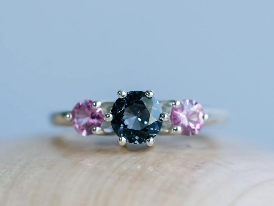 14k Natural Gray Spinel Spinel and Natural Pink Sapphire Three Stone Unique Engagement Ring (Copy)
