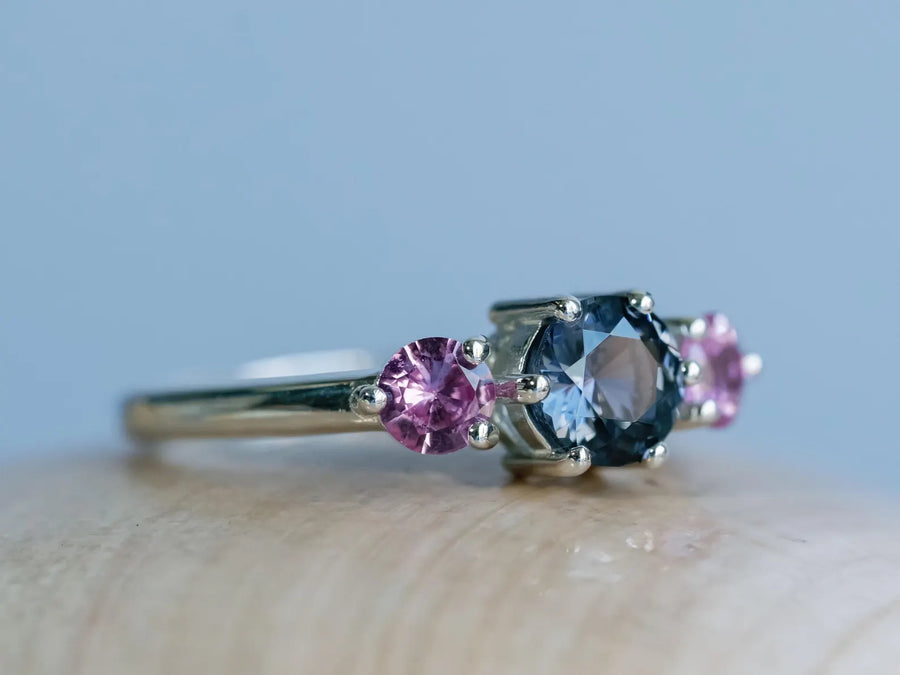 14k Natural Gray Spinel Spinel and Natural Pink Sapphire Three Stone Unique Engagement Ring (Copy)
