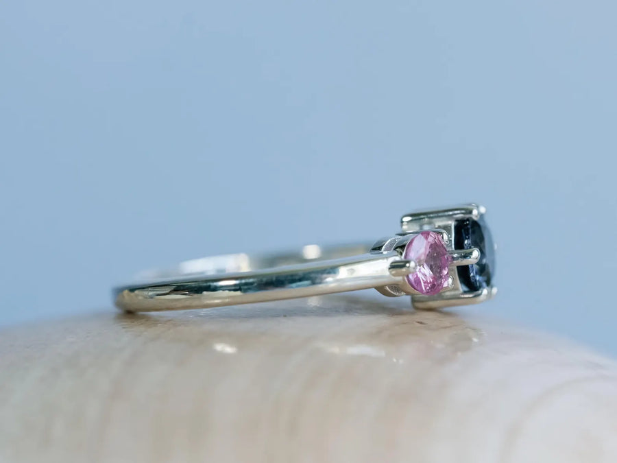 14k Natural Gray Spinel Spinel and Natural Pink Sapphire Three Stone Unique Engagement Ring (Copy)