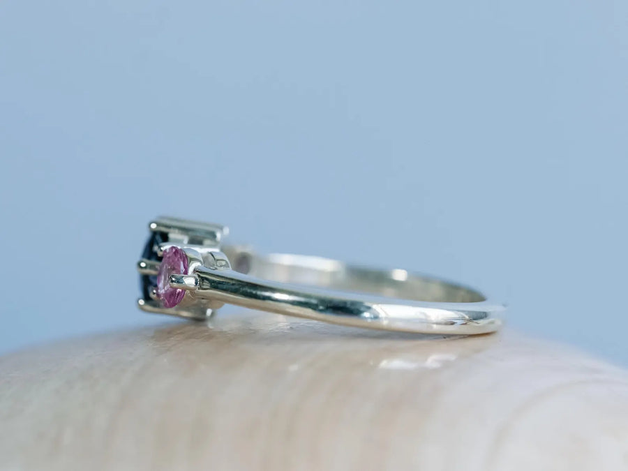14k Natural Gray Spinel Spinel and Natural Pink Sapphire Three Stone Unique Engagement Ring (Copy)