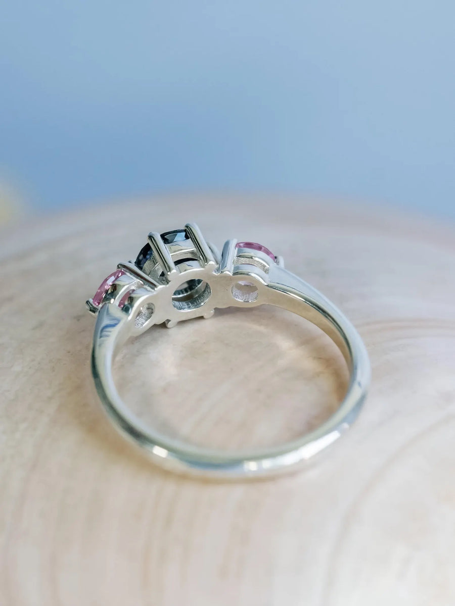 14k Natural Gray Spinel Spinel and Natural Pink Sapphire Three Stone Unique Engagement Ring (Copy)