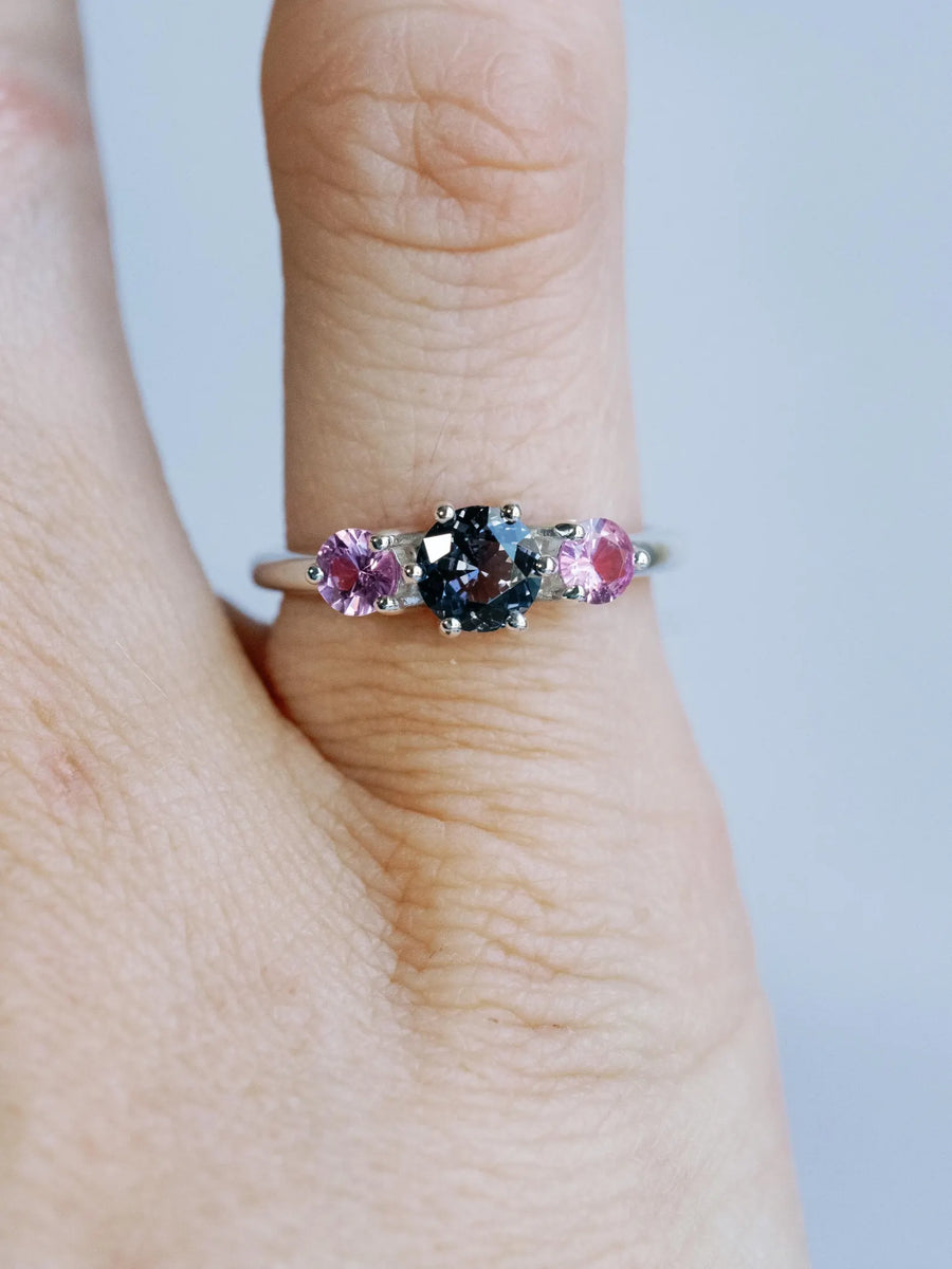 14k Natural Gray Spinel Spinel and Natural Pink Sapphire Three Stone Unique Engagement Ring (Copy)