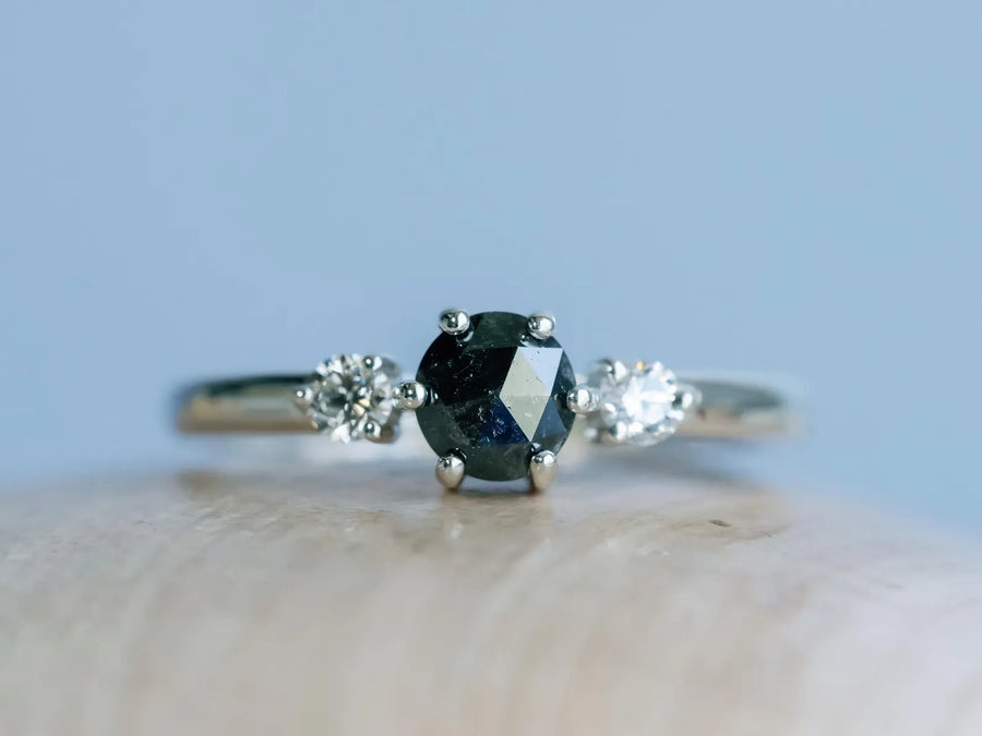 14k Salt and Pepper Rose Cut Gray Three Stone Diamond Minimalist Engagement Ring