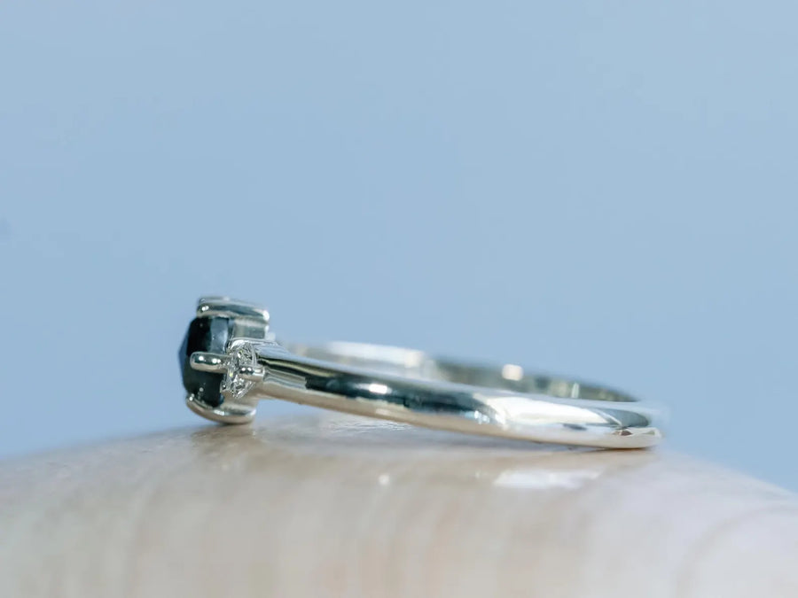 14k Salt and Pepper Rose Cut Gray Three Stone Diamond Minimalist Engagement Ring