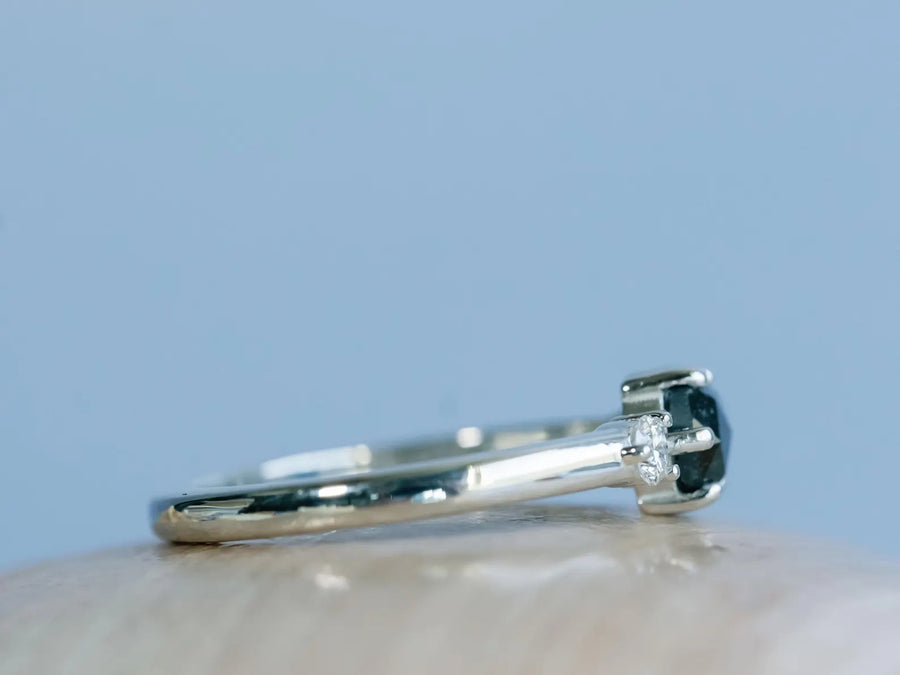 14k Salt and Pepper Rose Cut Gray Three Stone Diamond Minimalist Engagement Ring