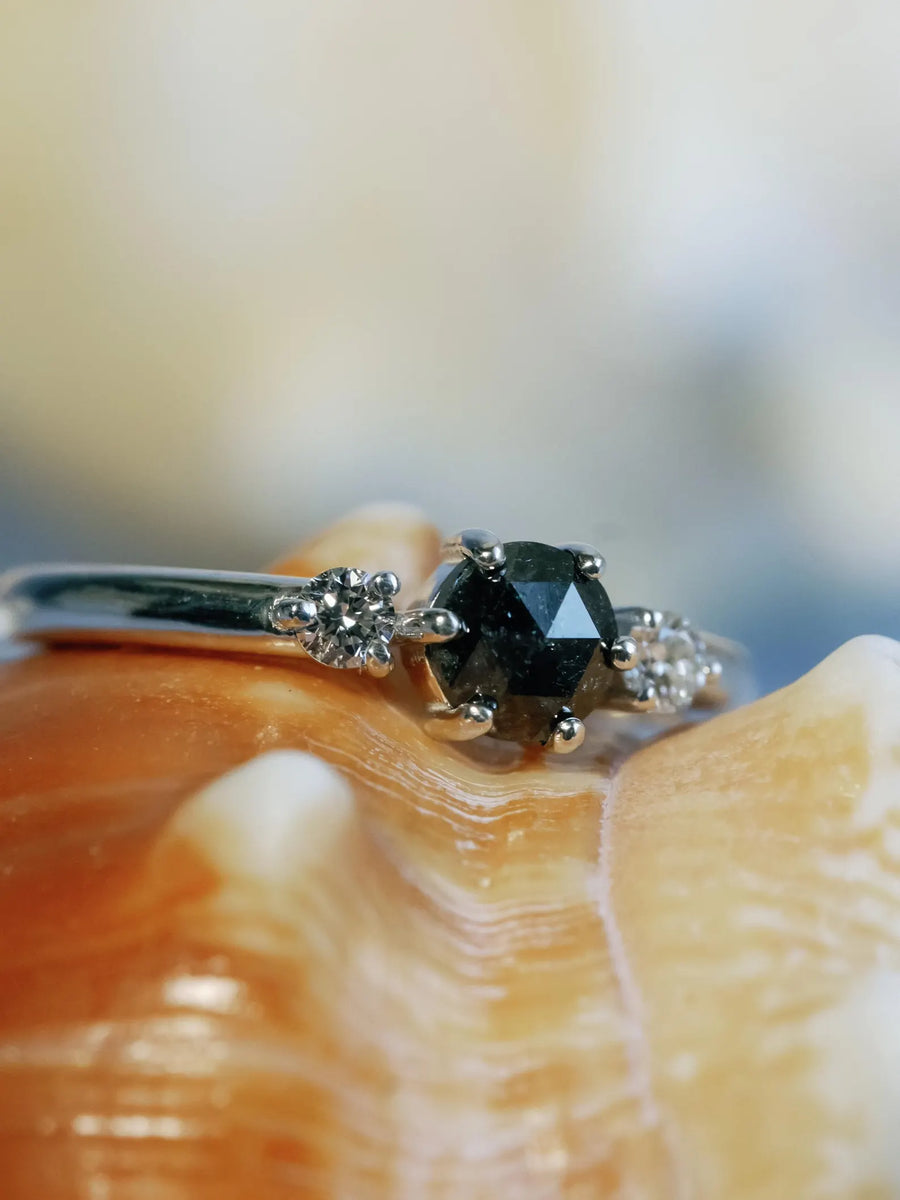 14k Salt and Pepper Rose Cut Gray Three Stone Diamond Minimalist Engagement Ring