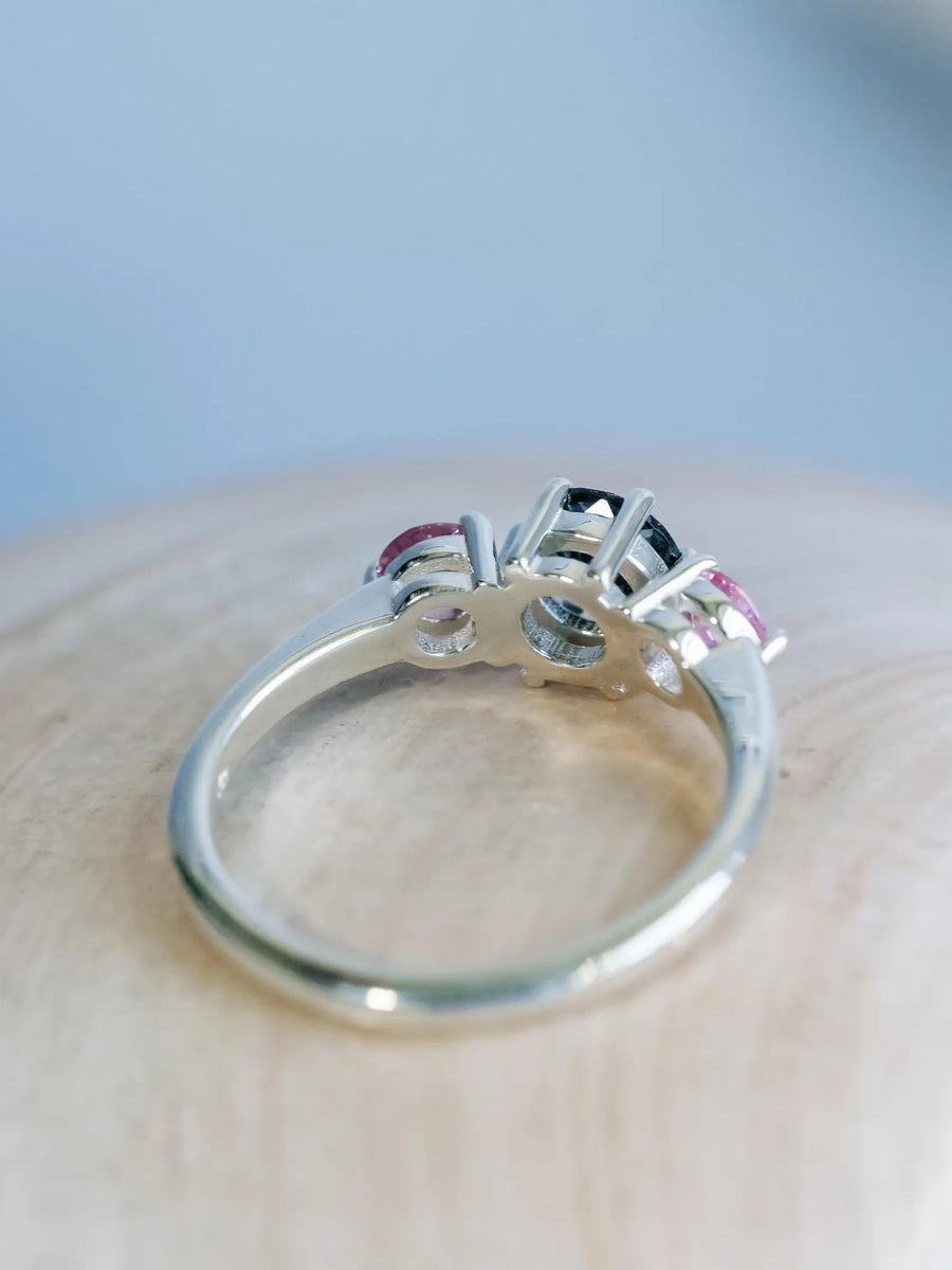14k Natural Gray Spinel Spinel and Natural Pink Sapphire Three Stone Unique Engagement Ring (Copy)