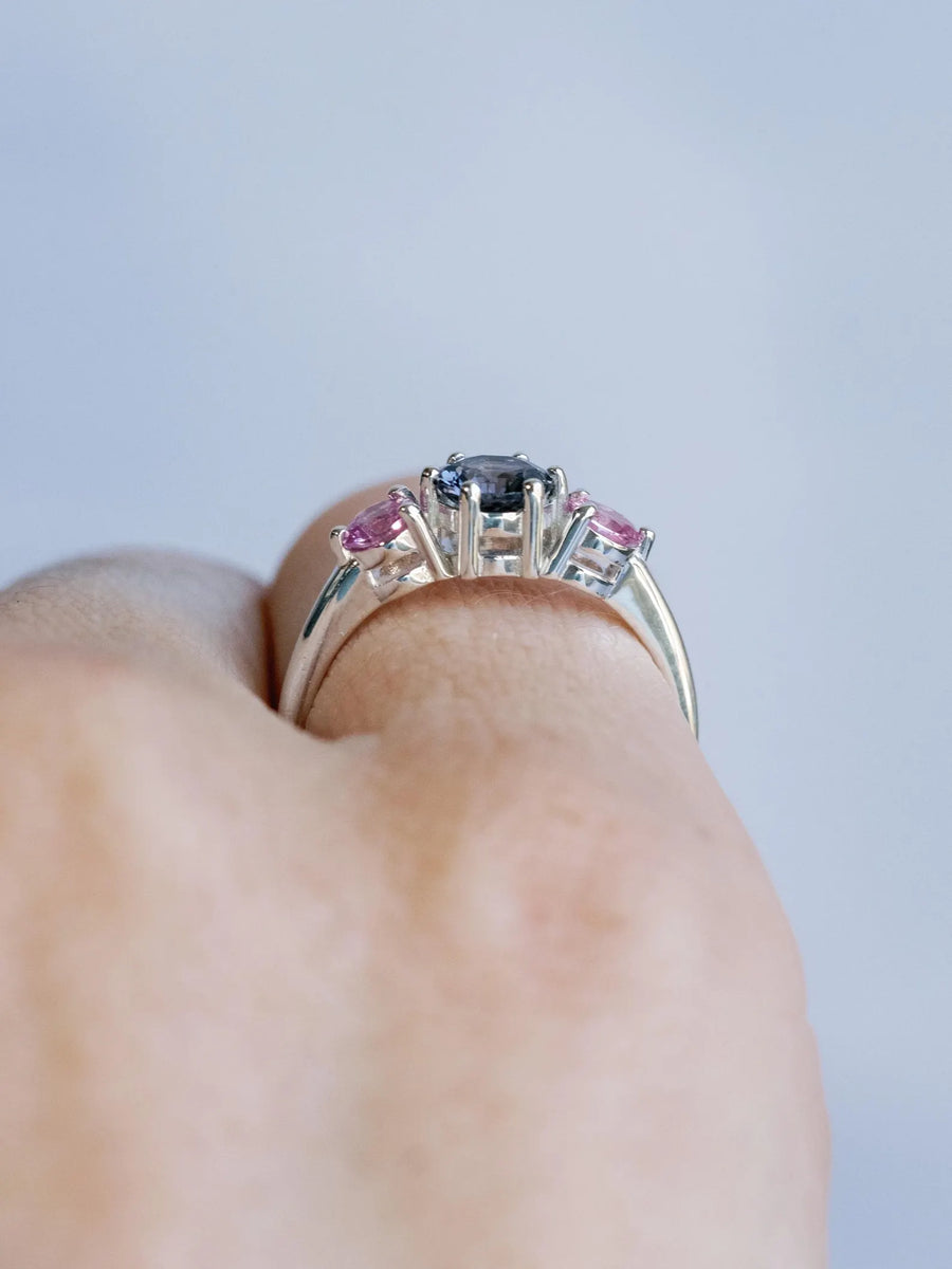 14k Natural Gray Spinel Spinel and Natural Pink Sapphire Three Stone Unique Engagement Ring (Copy)