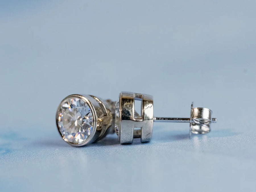 Moissanite Bezel Set Round Stud Earrings