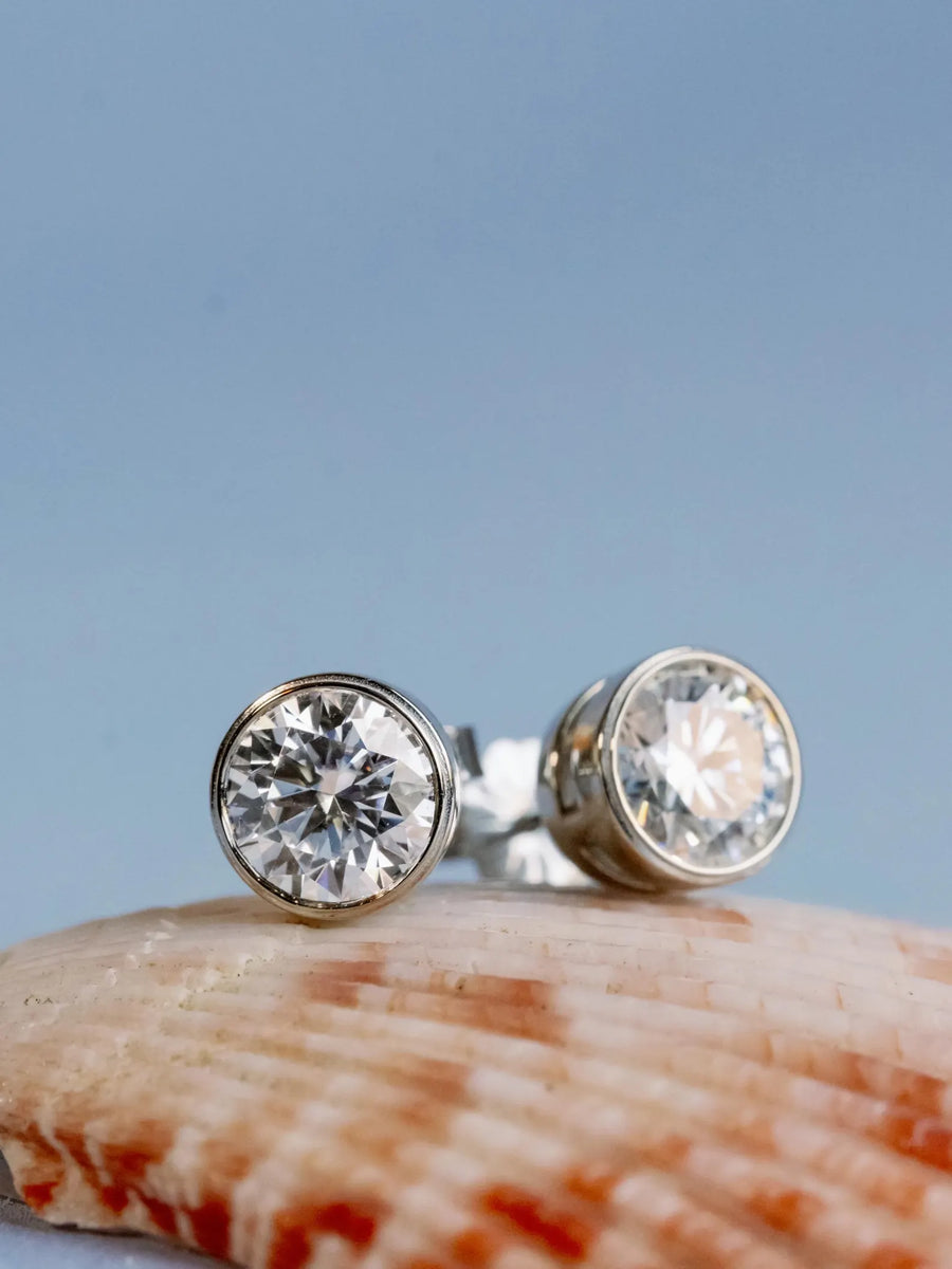 Moissanite Bezel Set Round Stud Earrings