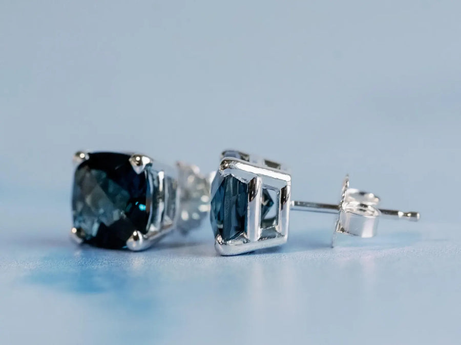Cushion Cut Natural London Blue Topaz Stud Earrings