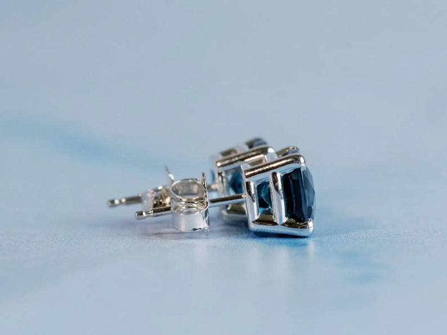 Cushion Cut Natural London Blue Topaz Stud Earrings