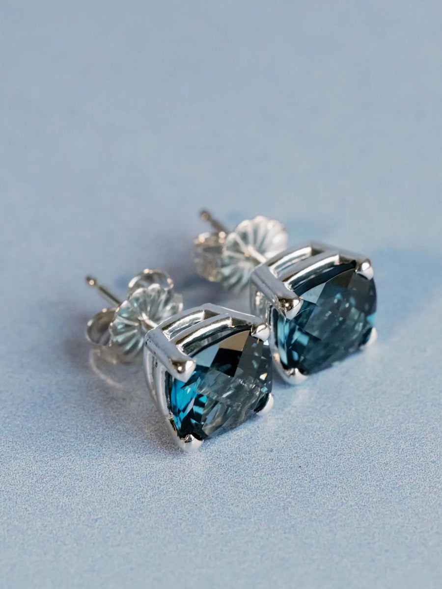 Cushion Cut Natural London Blue Topaz Stud Earrings