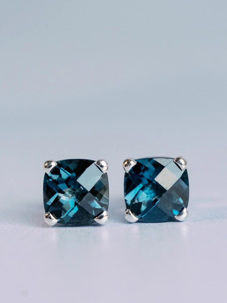 Cushion Cut Natural London Blue Topaz Stud Earrings