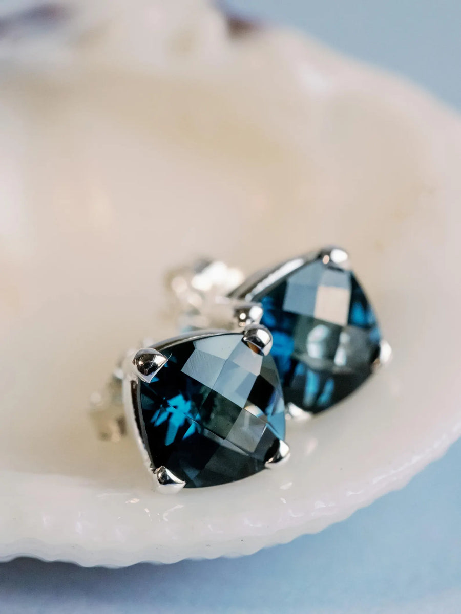 Cushion Cut Natural London Blue Topaz Stud Earrings