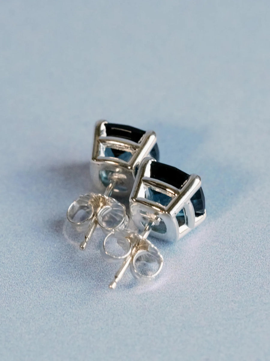 Cushion Cut Natural London Blue Topaz Stud Earrings