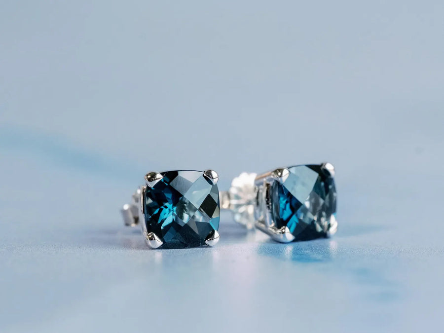 Cushion Cut Natural London Blue Topaz Stud Earrings